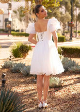 Faithe | Sexy A Line Square Neck Pearl Puff Sleeve Short Wedding Reception Dress for Bride - Price #price_variant_lowest# - White - PromDressClub